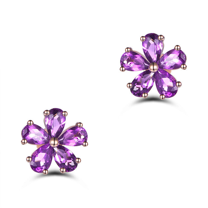 Cercei placati cu paladiu, cu flori din cristale zirconii mov si ace de argint 925