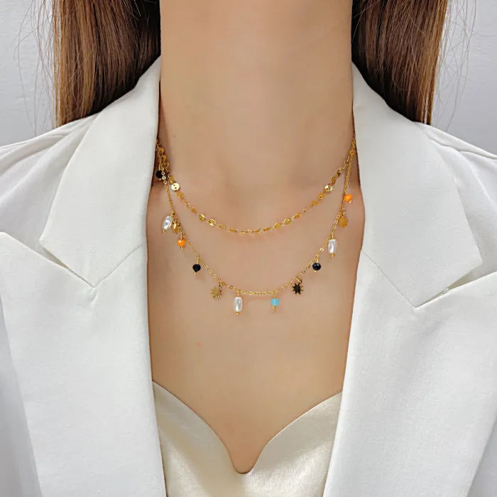 Colier din otel inoxidabil placat cu aur 18K cu zirconii colorate