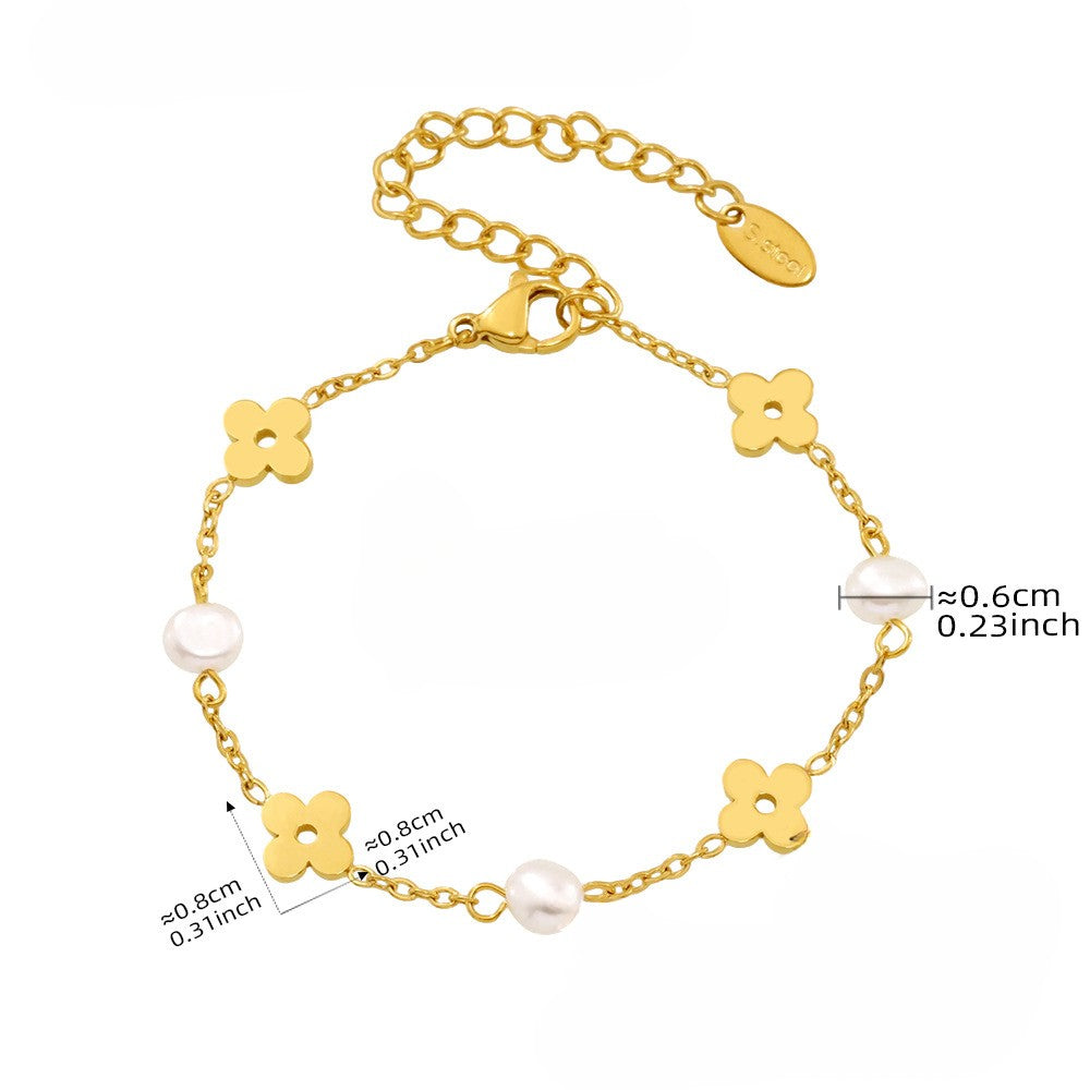 Bratara din otel inoxidabil placat cu aur 18K cu flori si perle de cultura