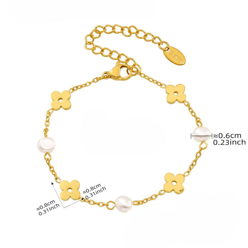 Bratara din otel inoxidabil placat cu aur 18K cu flori si perle de cultura