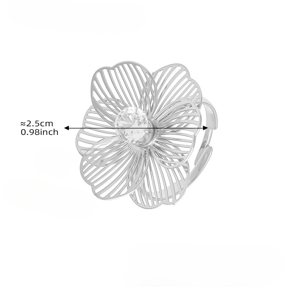 Inel ajustabil cu floare 3D din otel inoxidabil placat cu aur 18K