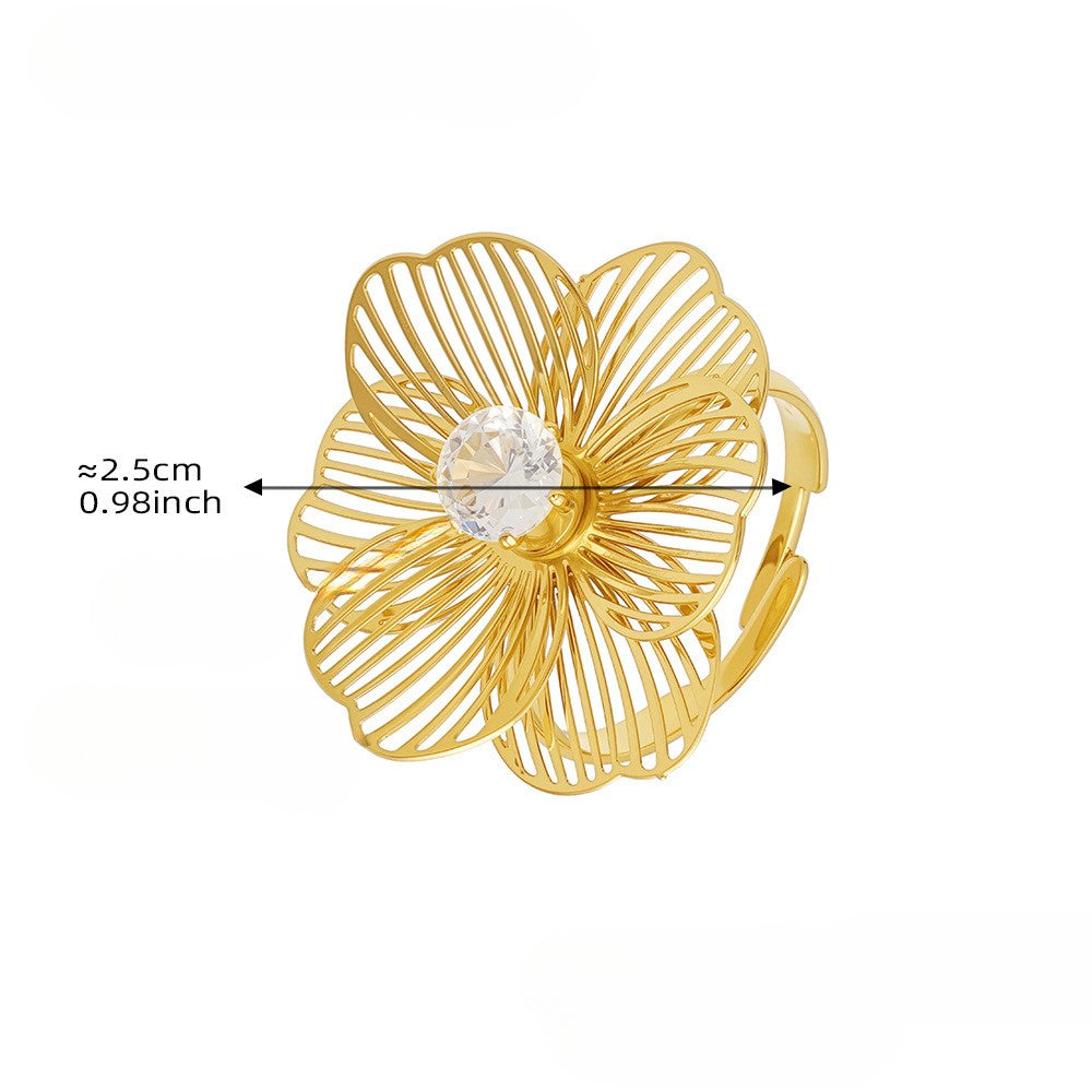 Inel ajustabil cu floare 3D din otel inoxidabil placat cu aur 18K