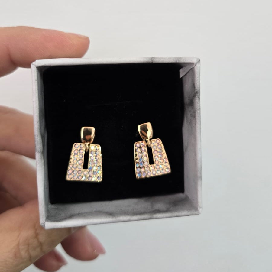 Cercei din otel inoxidabil placati cu aur 14k si cristale zirconii multicolore