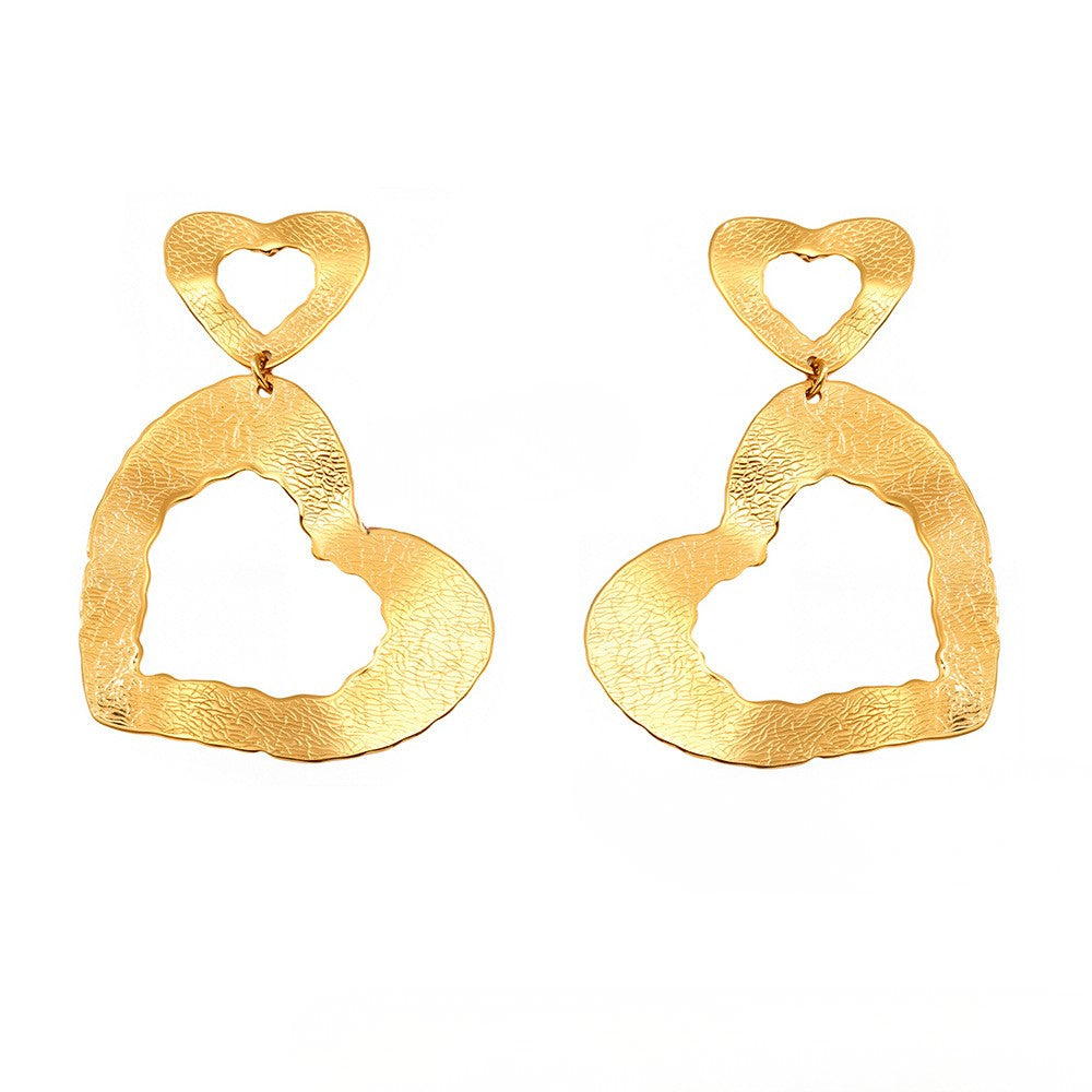 Cercei din oțel inoxidabil placați cu aur 18K în formă de inimă dublă texturată