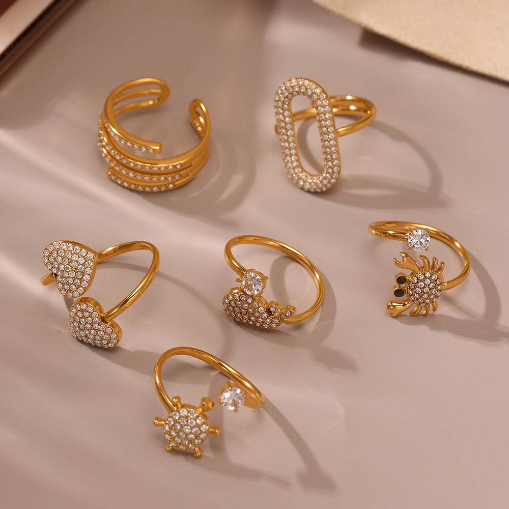 Inel geometric cu zirconii din oțel inoxidabil placat cu aur 18K