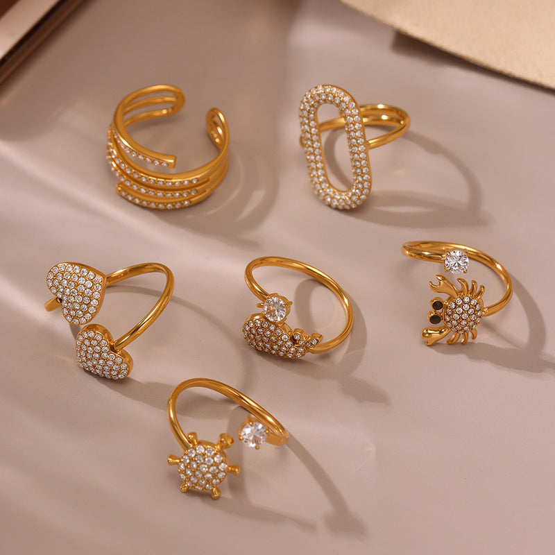 Inel geometric cu zirconii din oțel inoxidabil placat cu aur 18K