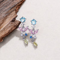 Cercei lungi cu cristale zirconii colorate, placati cu paladiu, ace de argint S925