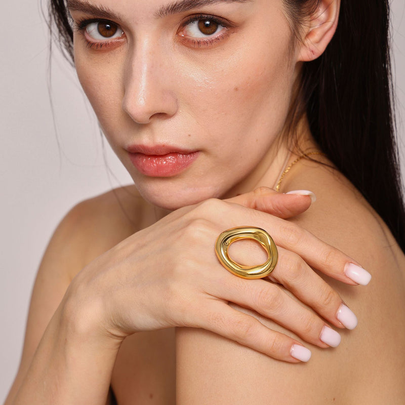 Inel gemetric supradimensionat din otel inoxidabil placat cu aur 18K