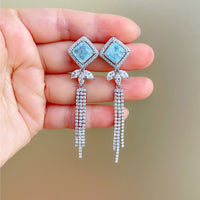 Cercei lungi cu cristale zirconii si ace de argint sterlin S925, placati cu paladiu