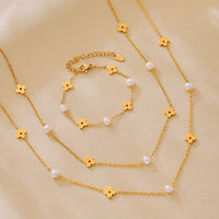 Colier din otel inoxidabil placat cu aur 18K cu flori si perle de cultura