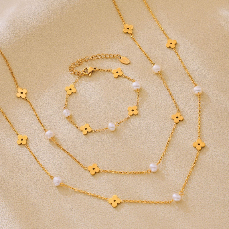 Colier din otel inoxidabil placat cu aur 18K cu flori si perle de cultura