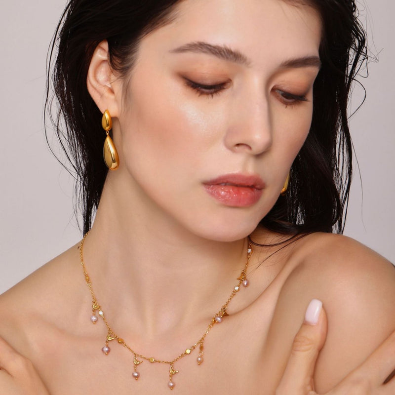 Cercei asimetrici lungi în formă de picătură din oțel inoxidabil placați cu aur 18K