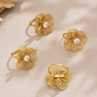 Inel ajustabil cu floare 3D din otel inoxidabil placat cu aur 18K