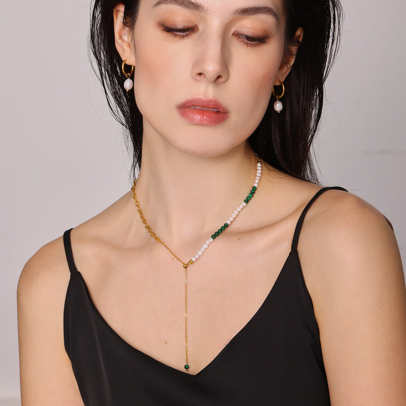 Colier din otel inoxidabil cu perle de apă dulce și pietre verzi