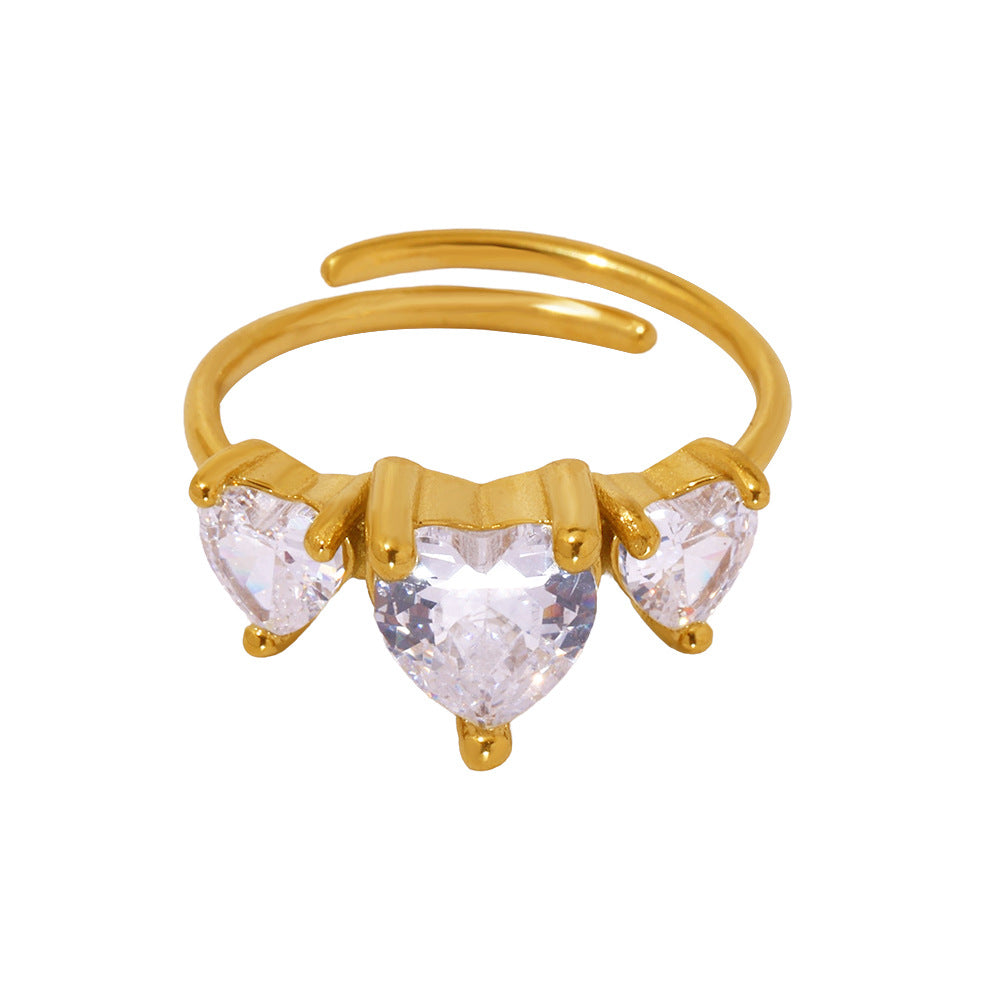 Inel din otel inoxidabil placat cu aur si cristale zirconii in forma de inima