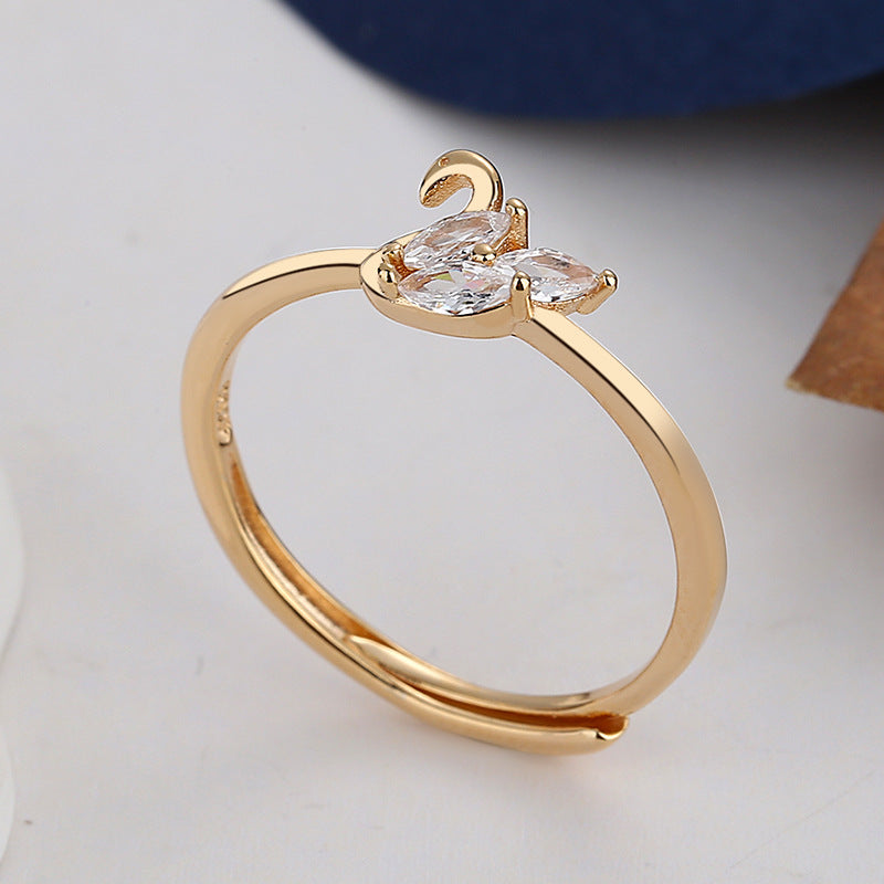 Inel ajustabil din argint cu lebada si cristale zirconii