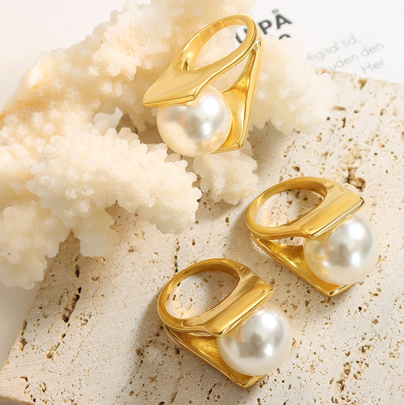 Inel din otel inoxidabil placat cu aur 18K cu perla din cristal