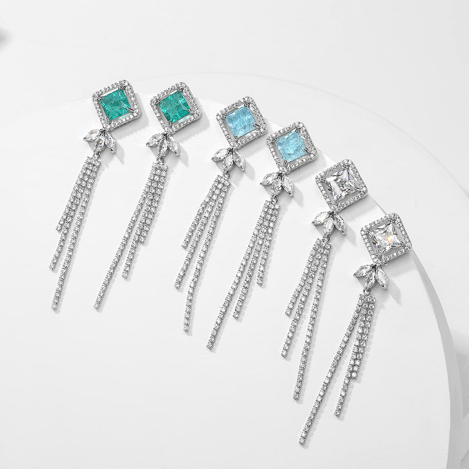 Cercei lungi cu cristale zirconii si ace de argint sterlin S925, placati cu paladiu
