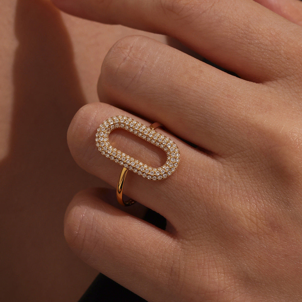 Inel geometric cu zirconii din oțel inoxidabil placat cu aur 18K