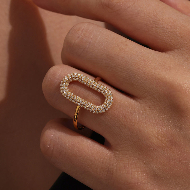 Inel geometric cu zirconii din oțel inoxidabil placat cu aur 18K