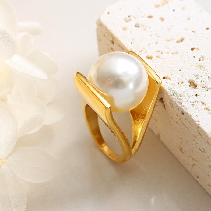 Inel din otel inoxidabil placat cu aur 18K cu perla din cristal