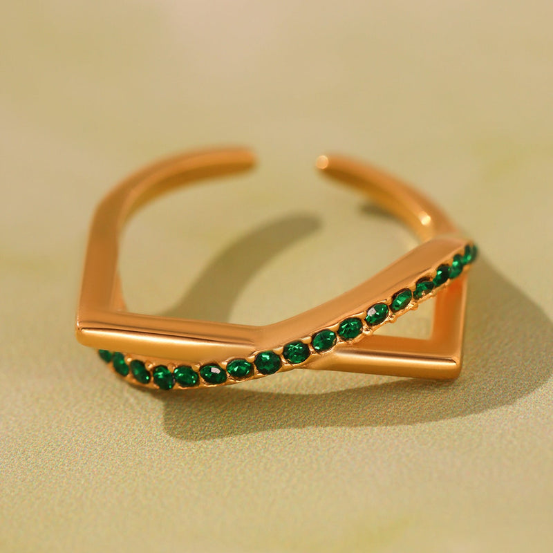 Inel geometric cu zirconii din otel inoxidabil placat cu aur 18K