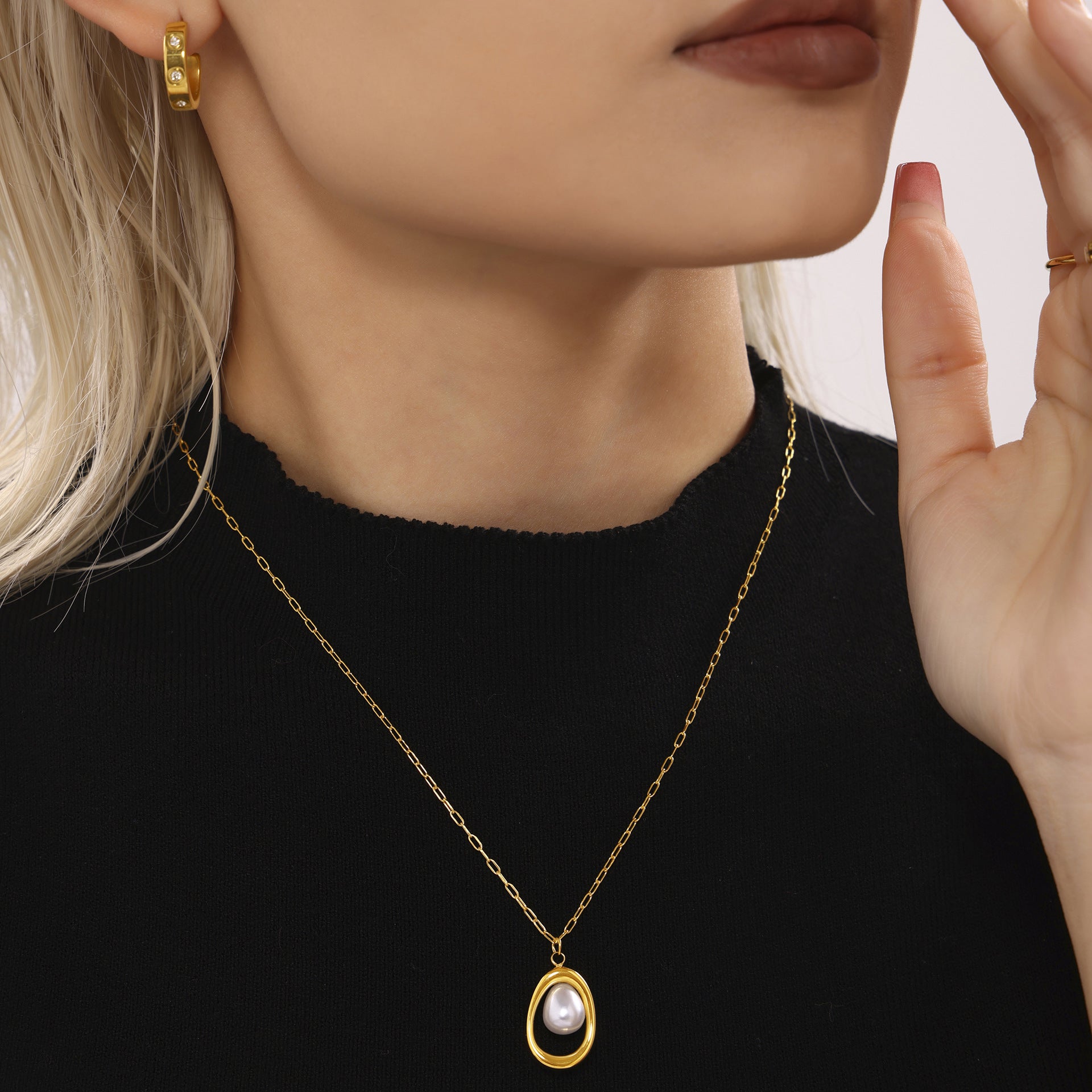 Colier din otel inoxidabil cu pandantiv perla de apa dulce