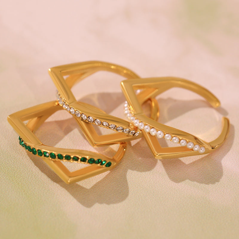 Inel geometric cu perle din otel inoxidabil placat cu aur 18K