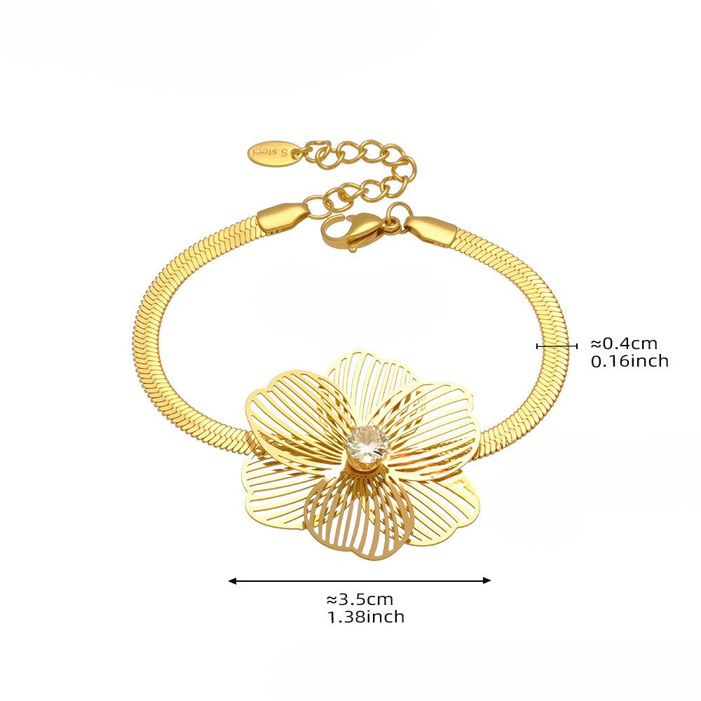 Bratara cu floare 3D din otel inoxidabil placata cu aur 18K