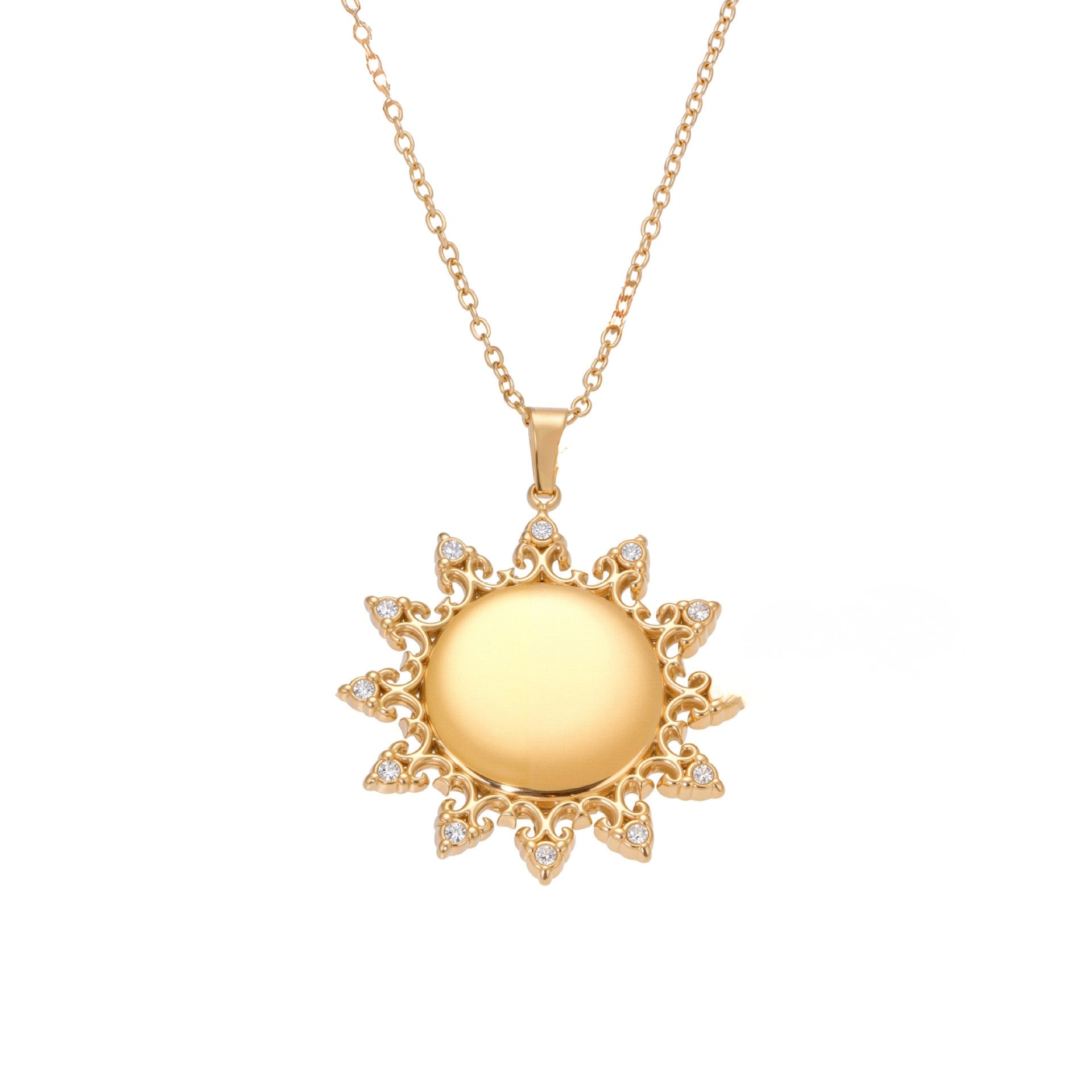 Colier placat cu aur 18K, pandantiv Soare cu detalii filigranate și cristale