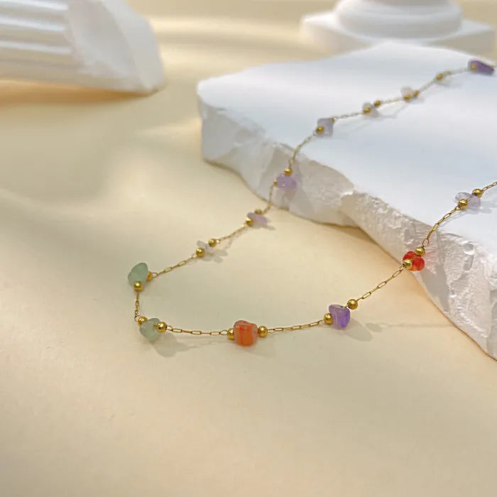 Colier din oțel inoxidabil placat cu aur 18K și pietre naturale multicolore