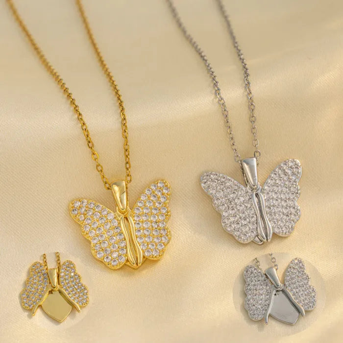 Colier placat cu aur 14k si pandantiv fluture cu cristale zirconii