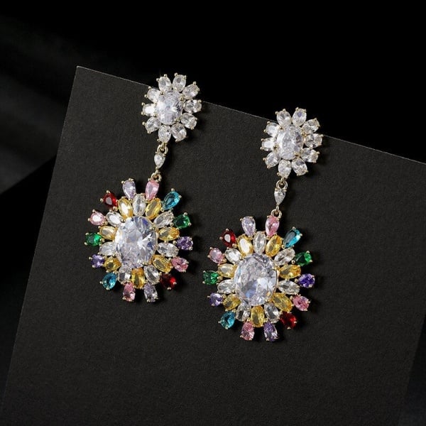 Cercei eleganti placati cu aur, cu cristale zirconii multicolore