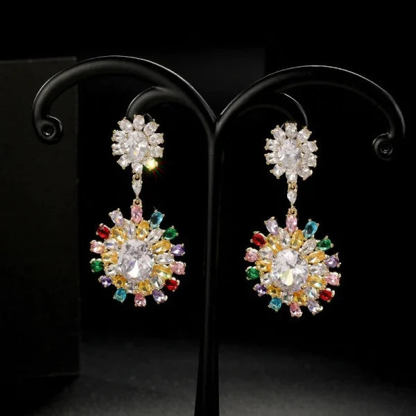 Cercei eleganti placati cu aur, cu cristale zirconii multicolore