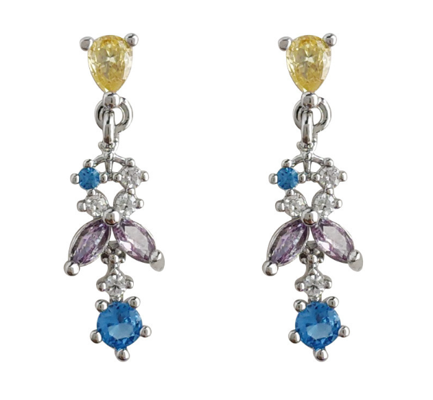 Cercei lungi cu cristale zirconii colorate, placati cu paladiu, ace de argint S925