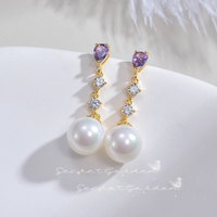 Cercei lungi cu cristale zirconii si perle din cristal, ace de argint S925