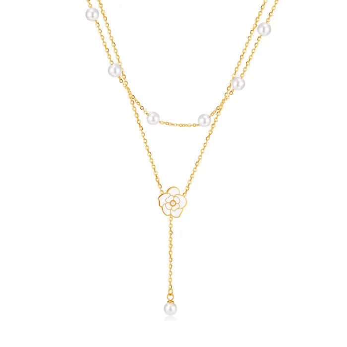 Colier elegant în două straturi cu perlă și floare aurie