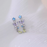 Cercei lungi cu cristale zirconii colorate, placati cu paladiu, ace de argint S925