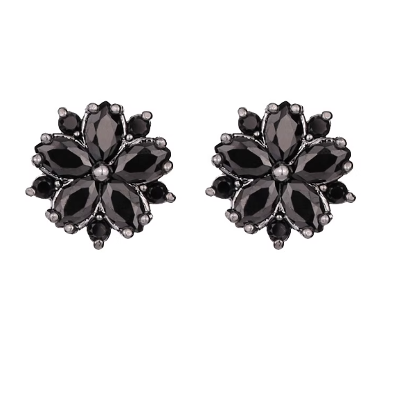 Cercei cu flori din cristale zirconii negre si ace de argint 925
