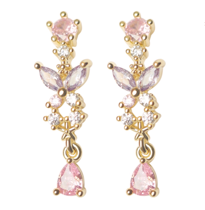 Cercei lungi cu cristale zirconii colorate, placati cu paladiu, ace de argint S925