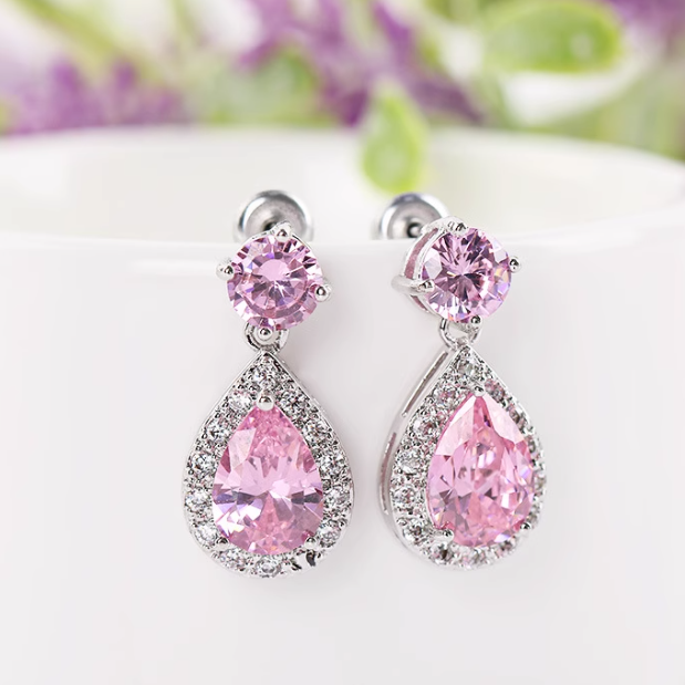 Cercei placati cu paladiu in forma de lacrima, cu zirconii AAA