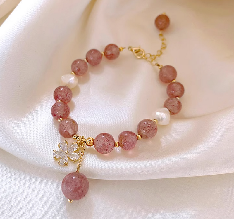 Bratara din otel inoxidabil cu perle si margele, pandantiv floare cu zirconii