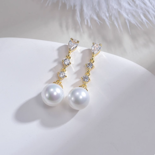 Cercei lungi cu cristale zirconii si perle din cristal, ace de argint S925