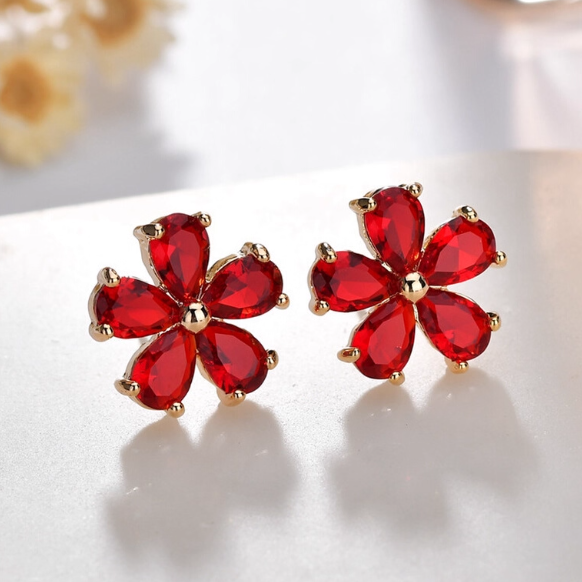 Cercei placati cu aur, cu ace din argint 925 si cristale zirconii rosii